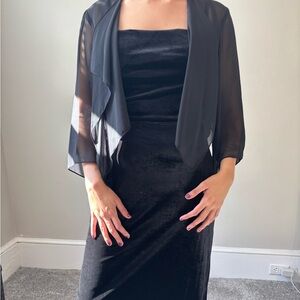 Whimsical Y2K 2 Piece Set Black Maxi Velvet Strappy Dress Ruffle Sheer Top Small